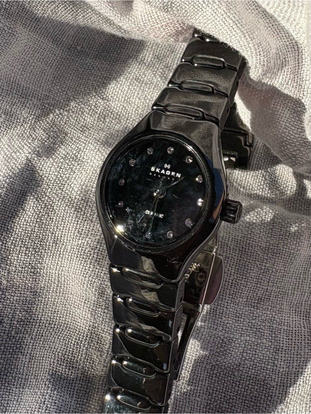 Skagen Black Ceramic Women's Bracelet Watch with Crystal Hour Markers